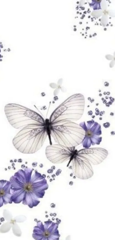 Elegant wallpaper with butterflies and purple flowers on a white background.