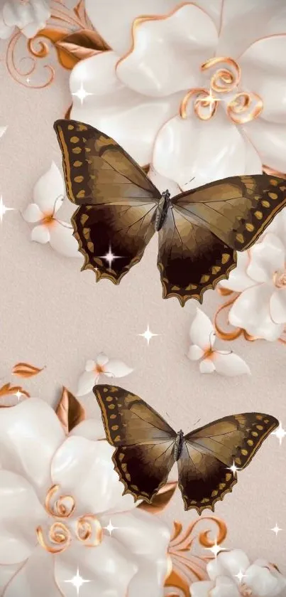 Elegant wallpaper with brown butterflies and white floral design.