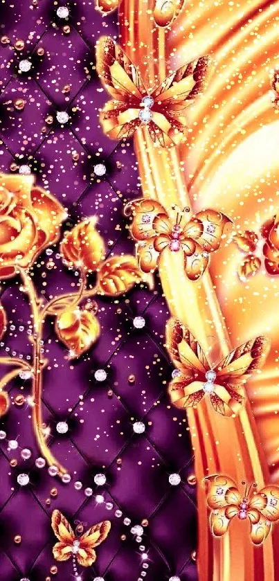 Golden butterflies and roses on a vibrant purple and gold background, mobile wallpaper.