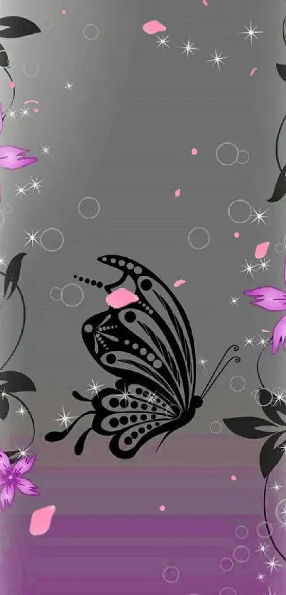 Elegant gray and purple butterfly floral wallpaper with a black butterfly design.