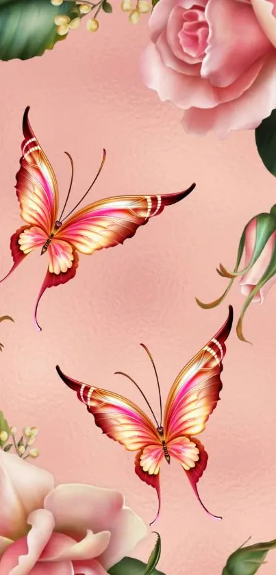 Elegant wallpaper with pink roses and butterflies on a soft background.