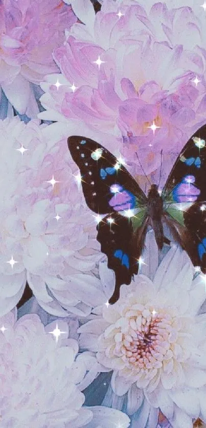 A striking butterfly rests on soft pastel flowers in this elegant wallpaper.