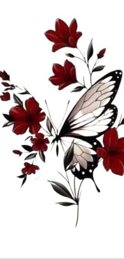 Black and white butterfly with red flowers on white background.