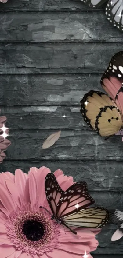 Elegant butterfly and floral wallpaper with pink daisies on dark wood.