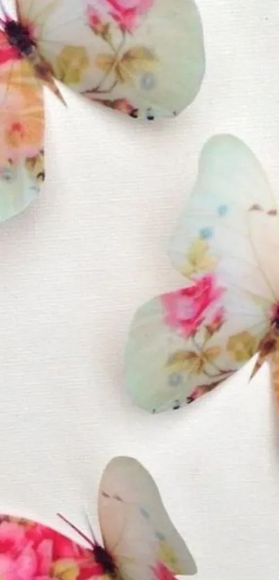 Delicate butterflies with floral patterns on a soft pastel background.