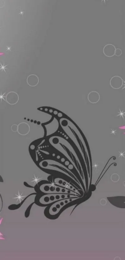 Elegant butterfly and pink floral mobile wallpaper on gray background.