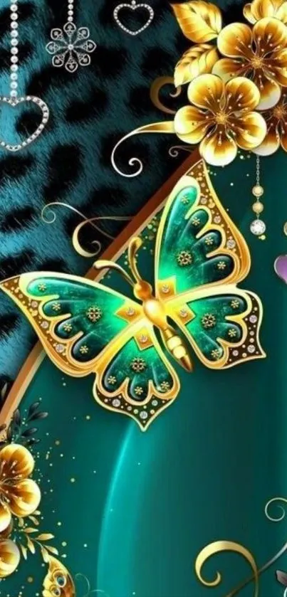 Teal floral and butterfly design wallpaper.