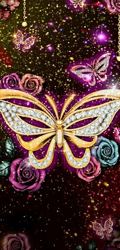 Gold butterfly with colorful floral background wallpaper.