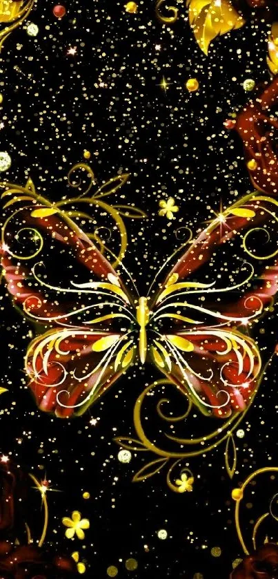 Elegant butterfly and floral design wallpaper with dark background.