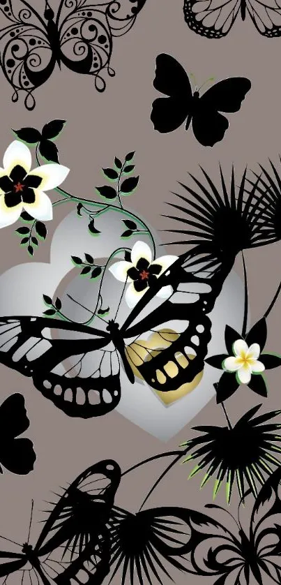 Black butterfly and flower design on taupe background.