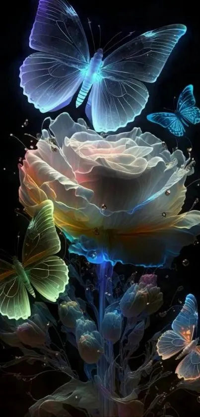 Glowing rose with butterflies wallpaper.