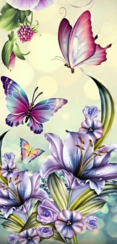 Elegant wallpaper with butterflies and flowers in vibrant colors.