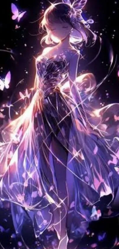 Elegant anime girl in a purple dress with glowing butterflies.