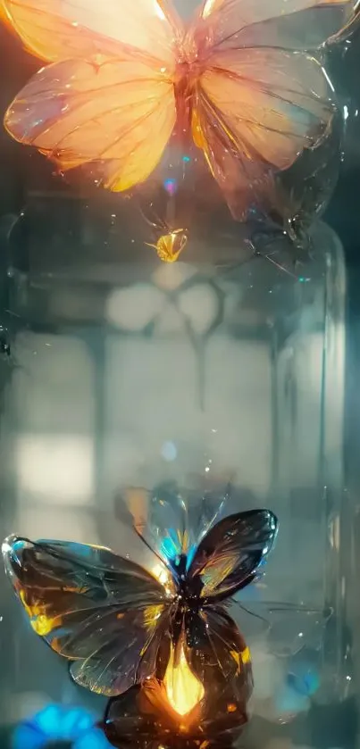 Luminous butterfly glass art wallpaper with elegant colors.