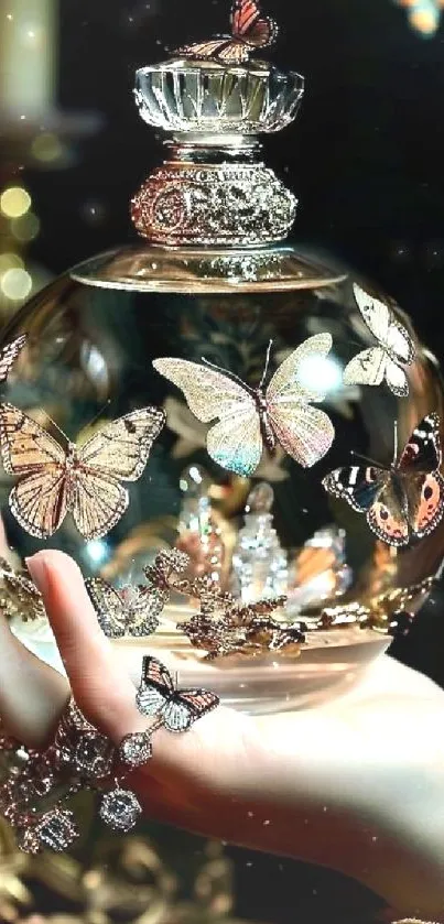 Elegant wallpaper with butterflies on a glass sphere.