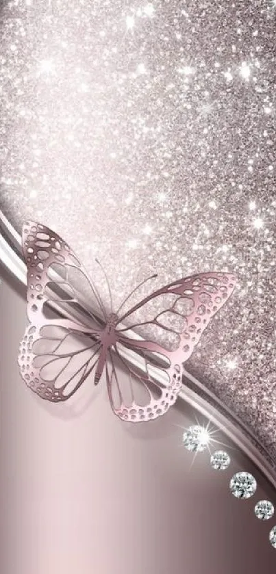 Elegant rose gold butterfly on glitter background with jewels.