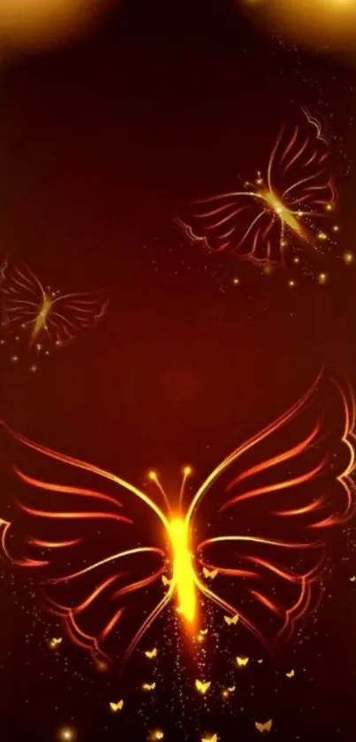 Elegant mobile wallpaper with glowing butterflies on a dark brown background.