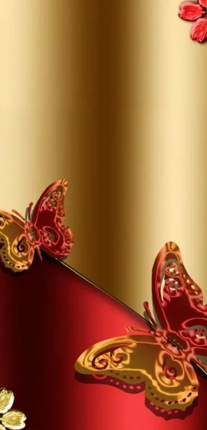 Elegant gold and red butterfly wallpaper design.