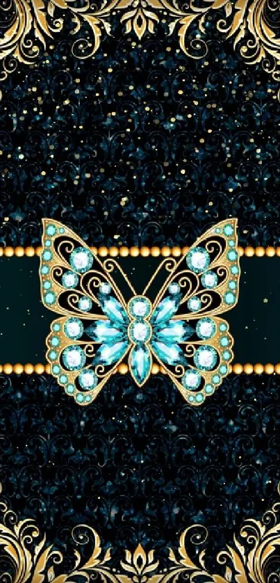 Golden butterfly with teal gems on ornate floral background.