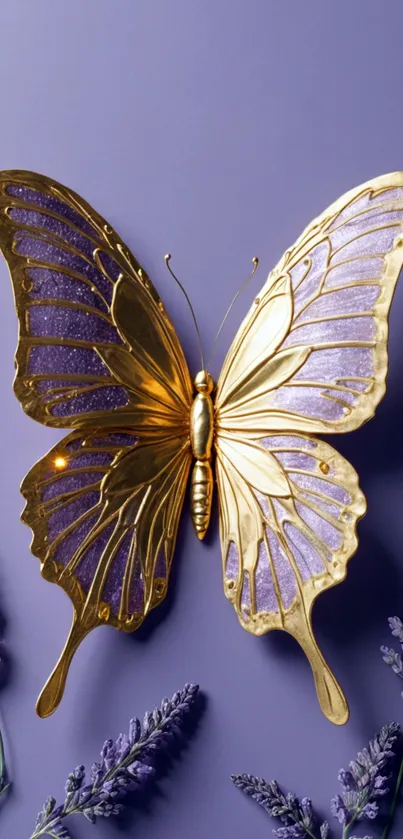 Golden purple butterfly on lavender background with floral accents.