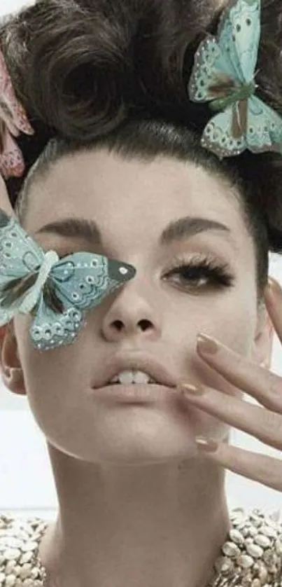 Woman with butterfly adorned hairstyle and pearl accessories.