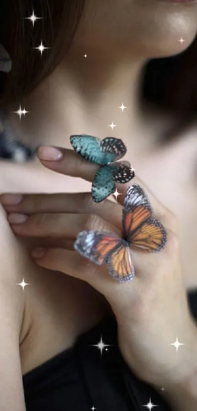 Mobile wallpaper of hand with colorful butterflies.