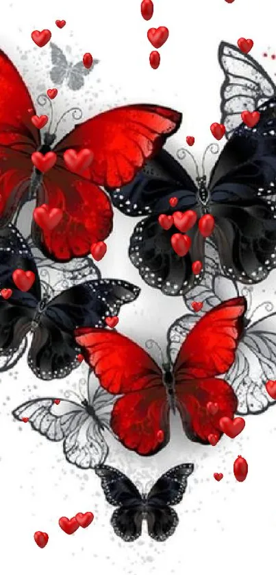 Heart-shaped butterfly art in red, black, and white tones.