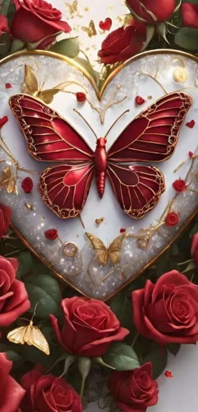 Red butterfly on heart with roses design.