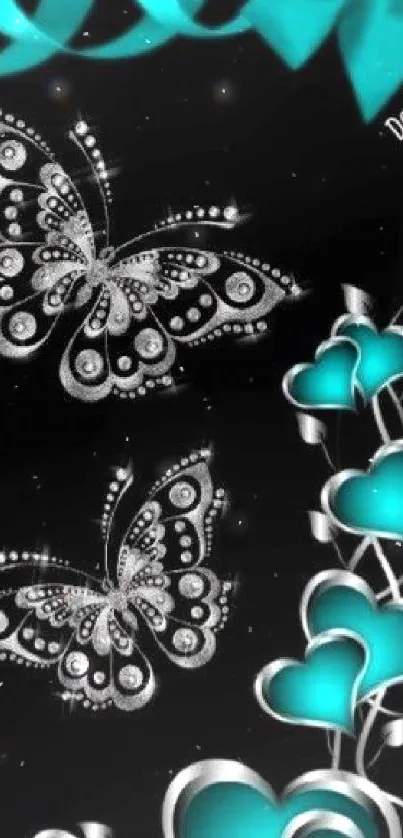 Elegant teal butterfly and heart wallpaper with silver accents.