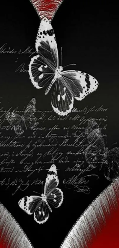 Elegant black and white butterflies on a red heart background wallpaper.