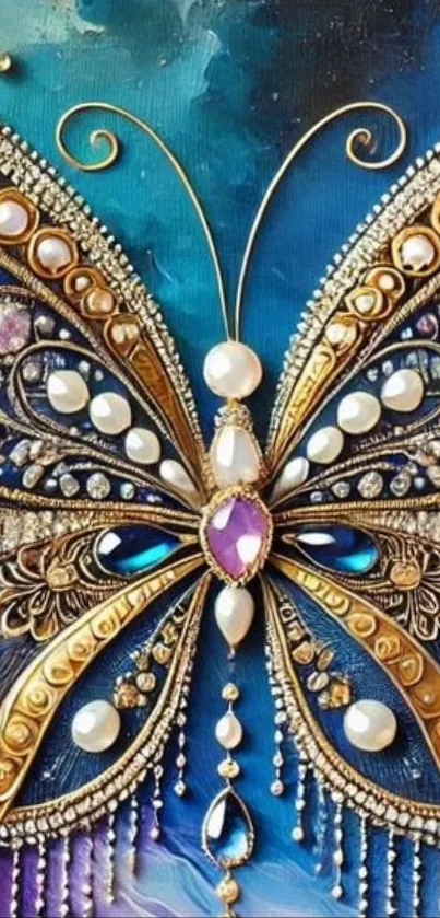 Elegant butterfly with jewels on a vibrant blue background.