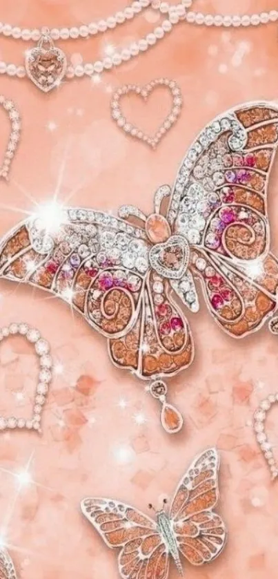 Rose gold butterfly and jewel-themed wallpaper.