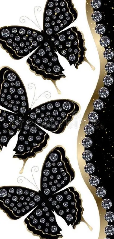 Elegant black butterflies with jewels and gold accents on mobile wallpaper.