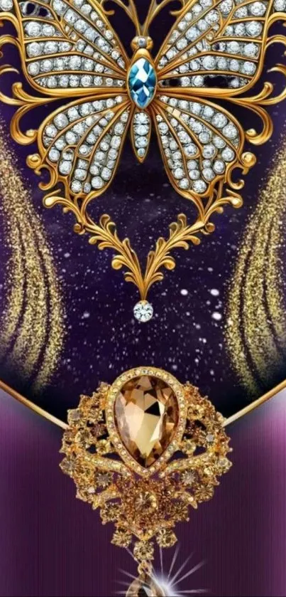 Ornate butterfly jewel on purple backdrop.