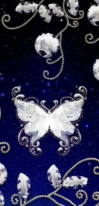 Elegant butterfly and jewels with dark blue background.