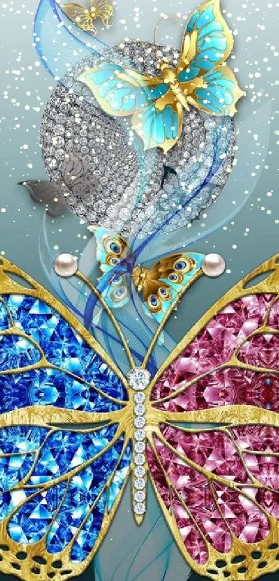 Luxury butterfly jewel wallpaper with vibrant blue and pink wings.