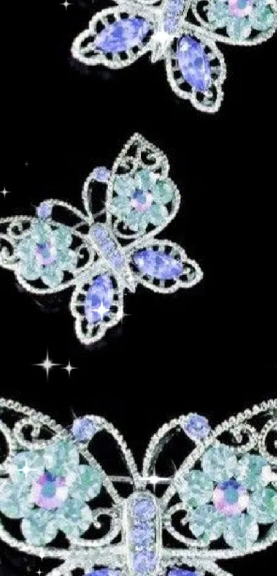 Elegant jeweled butterflies on black wallpaper background.