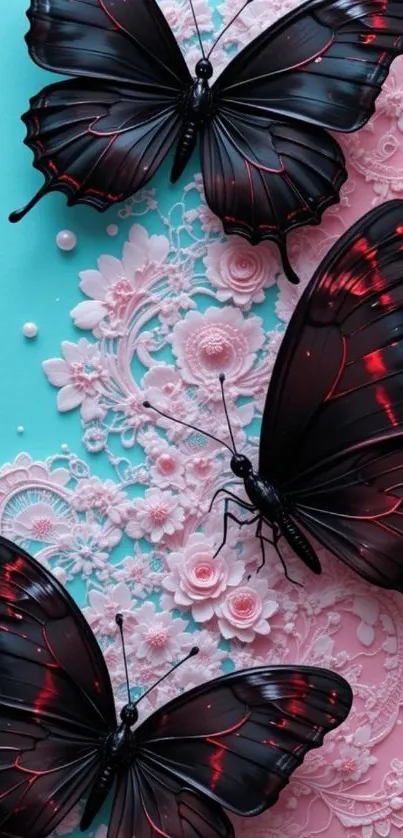 Elegant butterfly and lace wallpaper art.