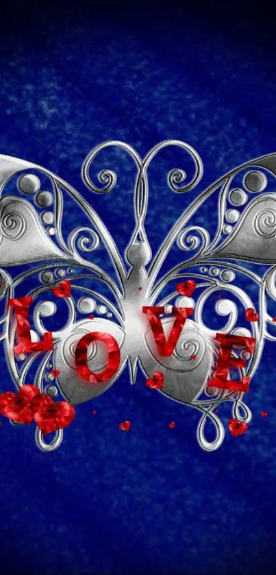 Stylish wallpaper with silver butterfly and LOVE text on deep blue background.