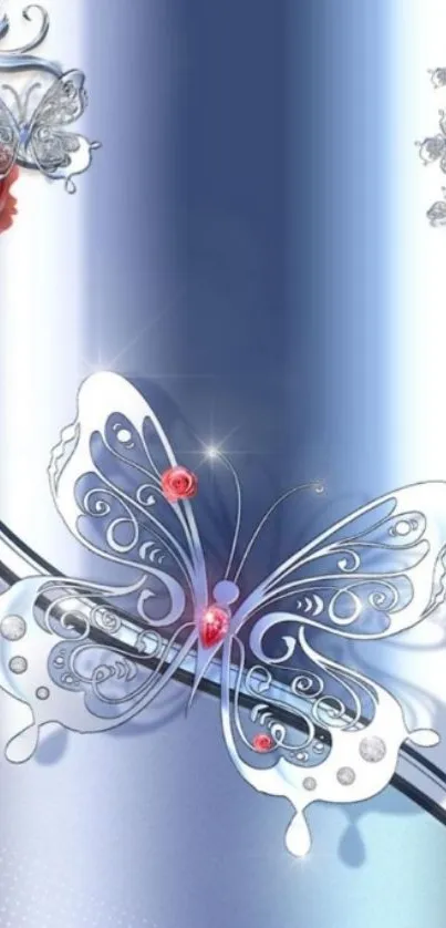 Elegant butterfly with roses in blue-gray gradient wallpaper.