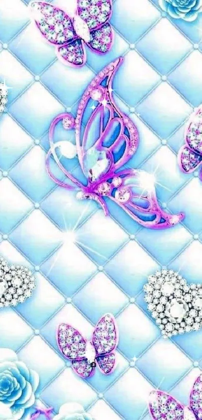 Elegant wallpaper with butterflies and diamonds on a light blue background.