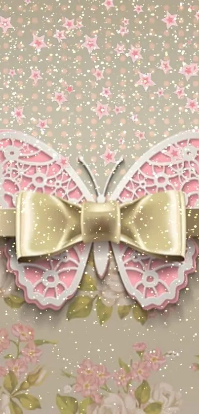 Elegant butterfly with lace and floral background in pastel pink and gold.