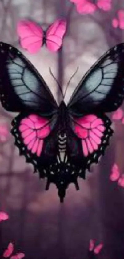 Vibrant pink and black butterfly on forest background.