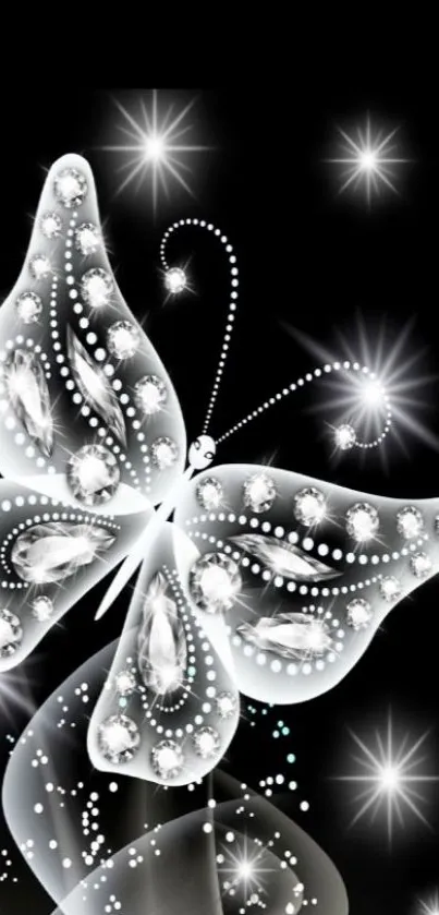 Black background with a sparkling, jewel-adorned butterfly design.