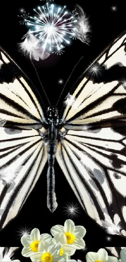 Intricate butterfly with flowers on a dark background.