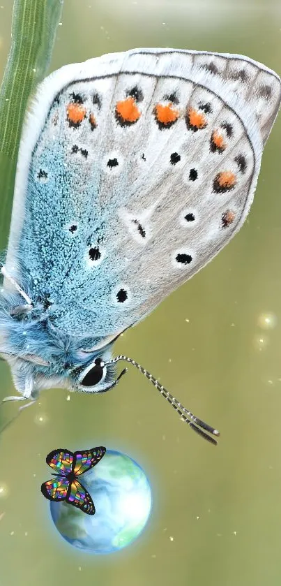 Butterfly with Earth art on nature wallpaper with light blue tones.