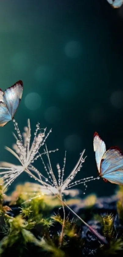 Elegant butterflies on serene teal background in nature wallpaper.