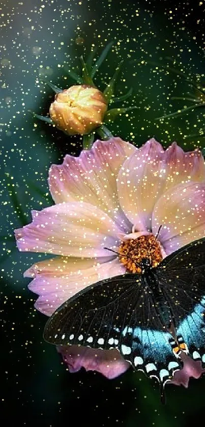 Beautiful butterfly resting on a vibrant flower with dark green background.