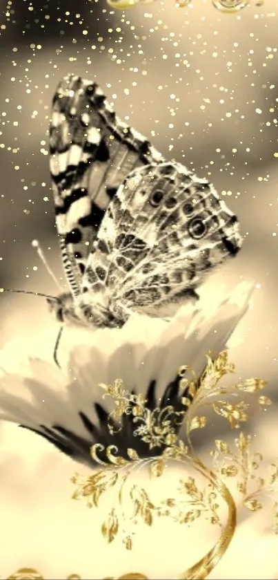 Elegant sepia butterfly with gold floral design.