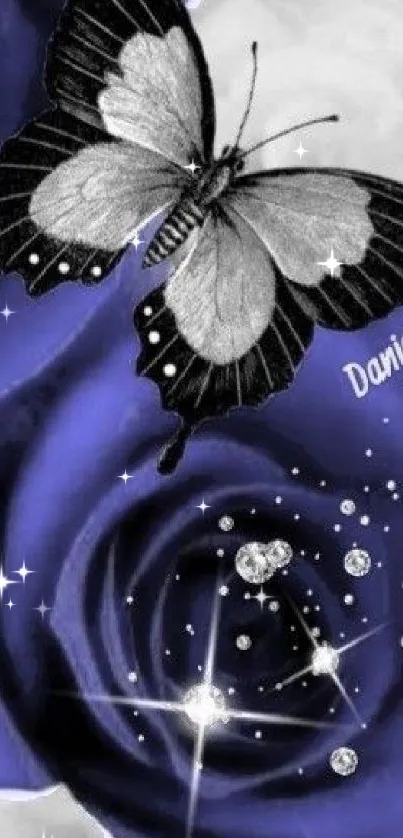 Black and white butterfly on a vibrant blue rose with sparkles.